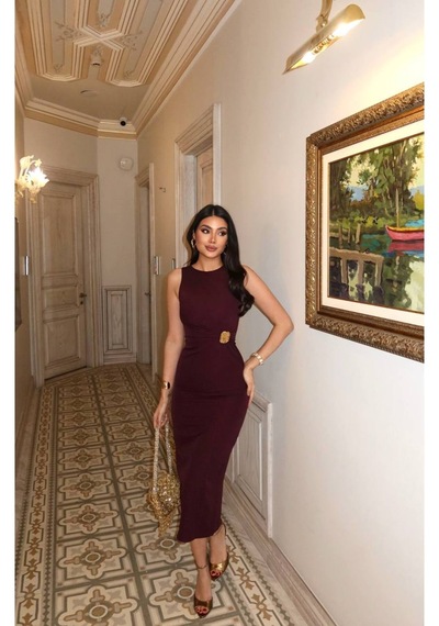 Kechi Woman Double Kumaş Aksesuarlı Uzun Elbise Bordo