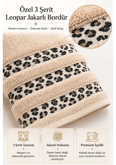 2 Parça Banyo Havlu Seti %100 Pamuk Leopar Deluxe 70x140 Cm + 50x90 Cm Bej