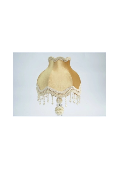 Gold Kadife Kaplı Beyaz İşlemeli Başlık İncili Gold Metal Ayaklı Klasik Model Abajur 55x25cm