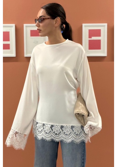 Madmext Beyaz Asimetrik Dantelli Uzun Kollu Saten Bluz Mg2799