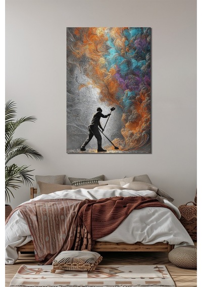 Soyut Sanat Baskılı Cam Tablo Renkli Fırça Efektli Modern Duvar Dekoru
