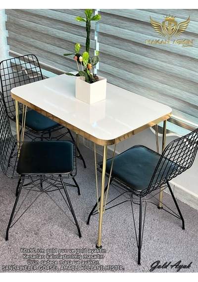 By Hakan Aşkın Gold Metal Ayaklı 60x90 Cm Kalınlıklı Tek Masa Parlak Beyaz Gold Mutfak - Balkon - Çalışma Masası 2026 Gold Kalınlaştırılmış