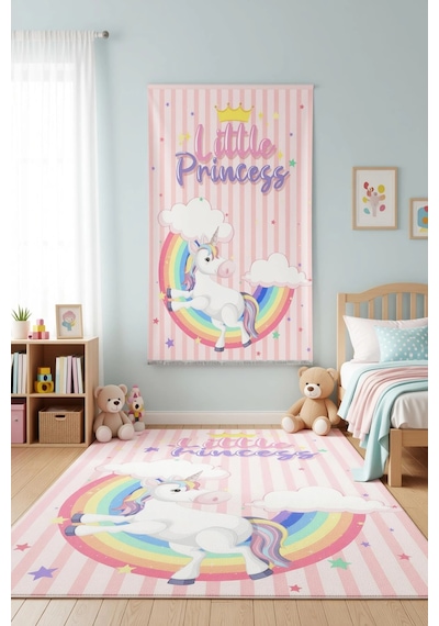 Gökkuşağı Unicorn Çocuk Odası Halısı Pembe