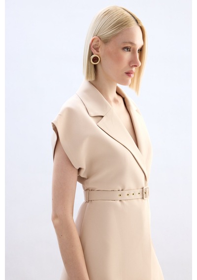 Sateen Kemerli Uzun Yelek - Bej-136851 Bej