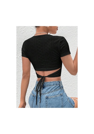 Hımmelduf Siyah Belden Bağlamalı Kısa Kollu Crop Bluz Siyah