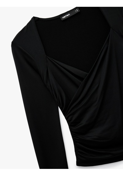 Koton Uzun Kollu Slim Fit Kruvaze V Yaka Saten Bluz Siyah 6wak50356ek Siyah