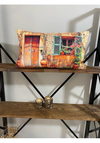 Alaçatı Taş Evi Baskılı Dekoratif Yastık Kılıfı 30 x 55 cm