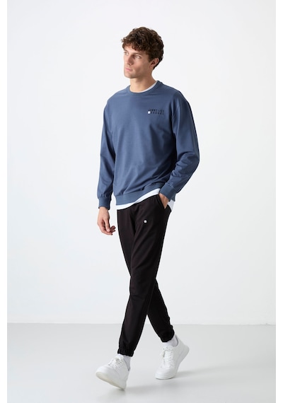 Tommy Life Petrol - Siyah Casual O Yaka Lastik Paça Pamuklu Erkek Oversize Eşofman Takımı - 85120 Petrol Mavi