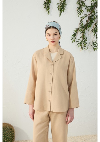 Aker Camel Düşük Omuz Ceket Yaka Pijama Üstü Camel Camel