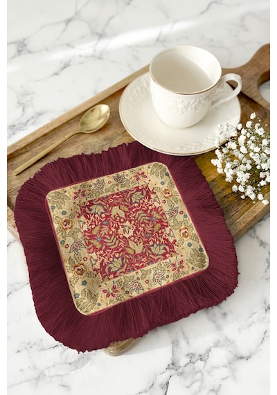 Saray İhtişamlı Saçaklı Sunum Peçetesi - Vintage Çiçek Motifli Bohem Bordo Bardak Altlığı Mendil Orman Beyaz