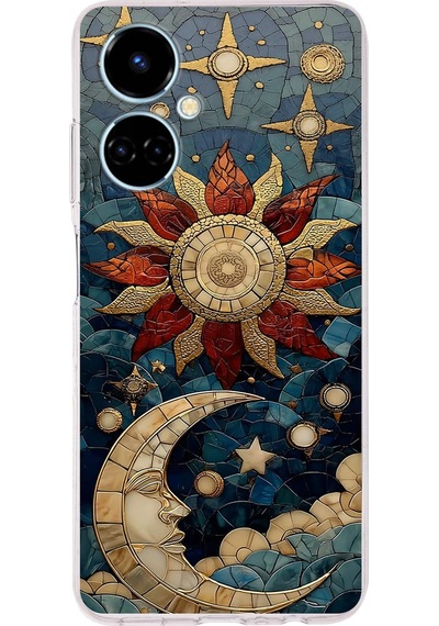 Printify Tecno Camon 19 İle Uyumlu Vitray Sol Ve Luna Tasarımlı Şeffaf Silikon Kılıf Şeffaf