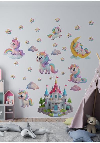 Unicorn Temalı Boy Ölçerli Duvar Sticker Seti - Çocuk Odası Duvar Dekoru, Mat Pvc, Sökülebilir, Boy Ölçer Sku: Smgstk8577edce94