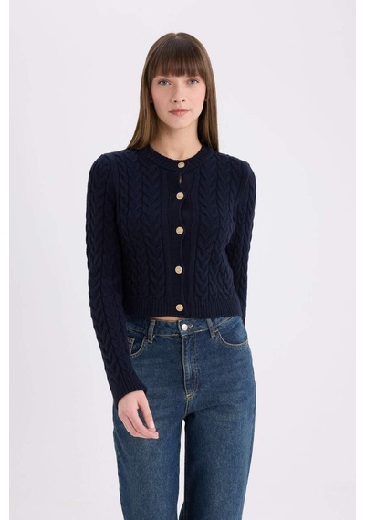 Defacto Regular Fit Bisiklet Yaka Selanik Örgü Desenli Triko Hırka C9044AX24WN Lacivert