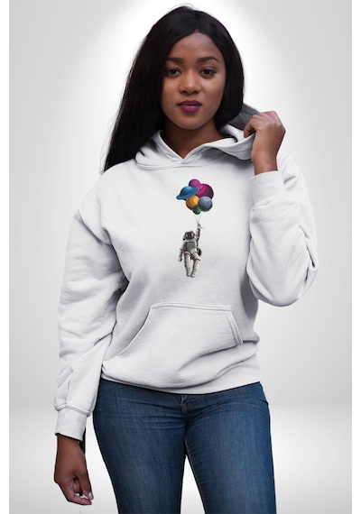 Gezegenler Balon Astronot Yükselişi Kadın Erkek Beyaz Kapüşonlu Sweatshirt Hoodie Beyaz