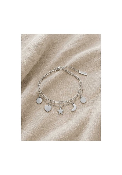 Silver Charm Bileklik Kalp, Yıldız Ve Ay Figürlü Çift Sıra Kadın Bileklik Gümüş - 889165436 Gümüş