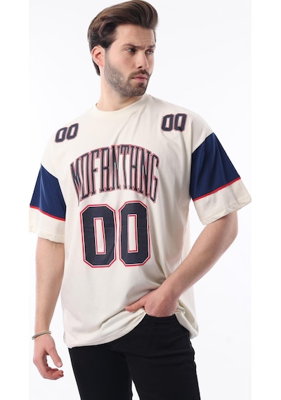 Madmext Ekru Baskılı Pamuklu Oversize Erkek T-shirt 7035 Ekru