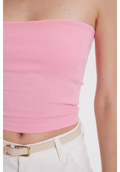 Tudors Kadın Slim Fit Dar Kesim Pamuklu Straplez Pembe Bluz-38845 Pembe