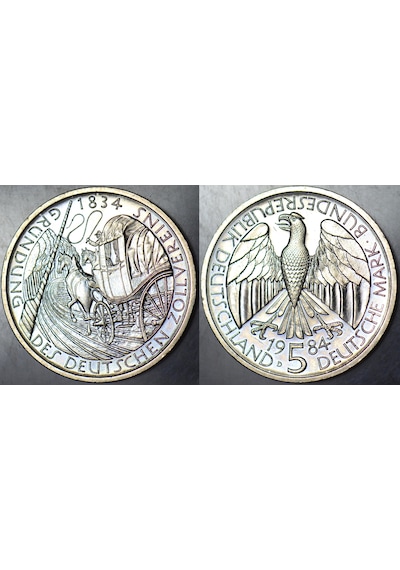 Banknoting Almanya 5 Mark 1984 D Hatıra-gümrük Birliği 150. Yılı Çil.