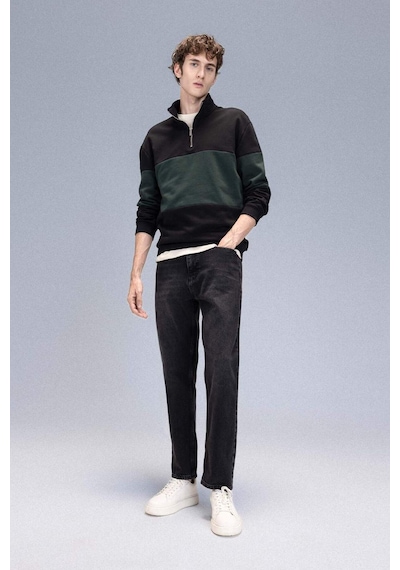 DeFacto Comfort Regular Fit Rahat Kalıp Dik Yaka Fermuarlı Çizgili Kalın Sweatshirt D2401AX24AUBK34