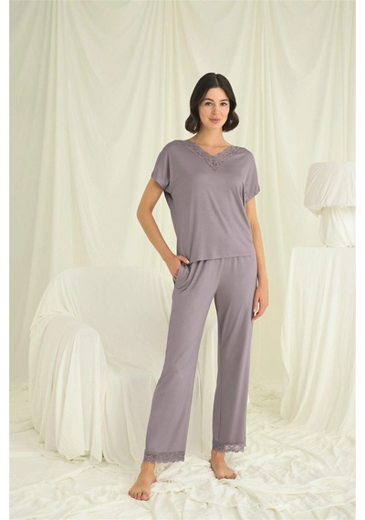 Mega Fair Kısa Kollu V Yakalı Dantelli Pijama Takımı Gri