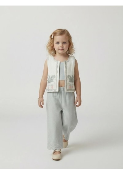 Zekids Kız Çocuk Yelek Crop Pantolon Üçlü Tasarım Takım-17243 Çok Renkli