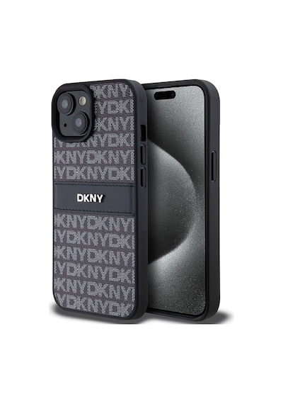 Apple Uyumlu iPhone 15 Kılıf Dkny Lisanslı 3d Yazılı Repeat Texture Pattern Kapak Siyah