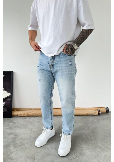 Buz Mavi Soft Degrade Yırtıklı Boyfriend Pantolon