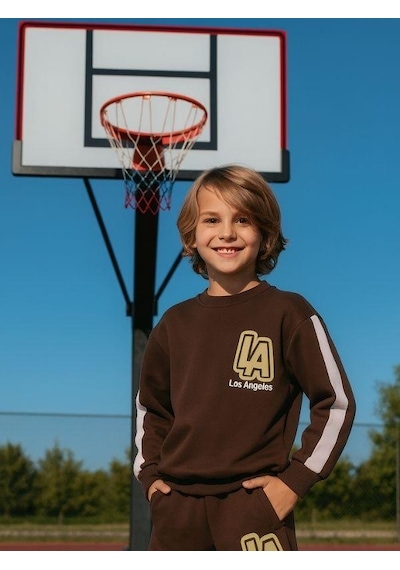 Zekids Erkek Çocuk Los Angeles Yazılı Tasarım Eşofman Takım-16216 Kahverengi