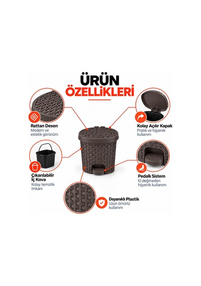 Tr 3 Litre Hasır Desenli Pedallı Çöp Kovası, Rattan Görünümlü Plastik İç Kovalı Kapaklı Banyo Mutfak Çöp Genel