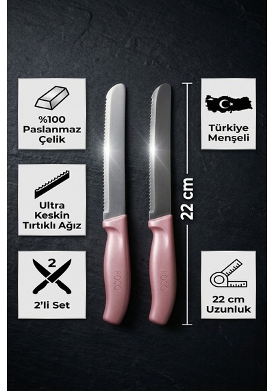 Makri Home Makri Home 2'li Ultra Keskin Tırtıklı Bıçak Seti, Pembe 22 Cm Paslanmaz Çelik Beyaz - Pembe