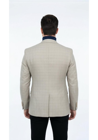 Plus Scorpion Ekoseli Slim Fit Erkek Blazer Ceket Şık Modern Tasarım, Tek Düğmeli Açık Bej