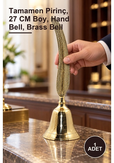 1 Adet Pirinç El Çanı Tamamen Pirinç, 27 Cm Boy, Hand Bell, Brass Bell