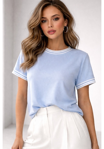 Kadın Mavi Bisiklet Triko Yaka Kısa Kollu Basic T-shirt Mavi