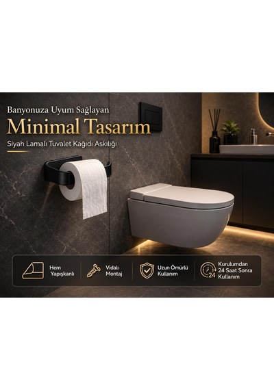 Alper Banyo Siyah Lamalı Tuvalet Kağıtlığı, Hem Yapışkanlı Hem Vidalı Montajlı Wc Kağıt Askılığı, Açı Diğer