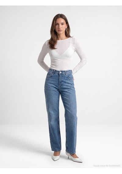 Dilvin 72365 Lyocell Karışımlı Taşlı Wide Leg Jean-mavi