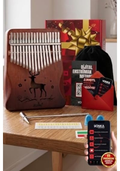 Klx-520 Hakiki Ağaç Kalimba Geyik Desenli Ahşap Full Set 17 Çelik Tuşlu