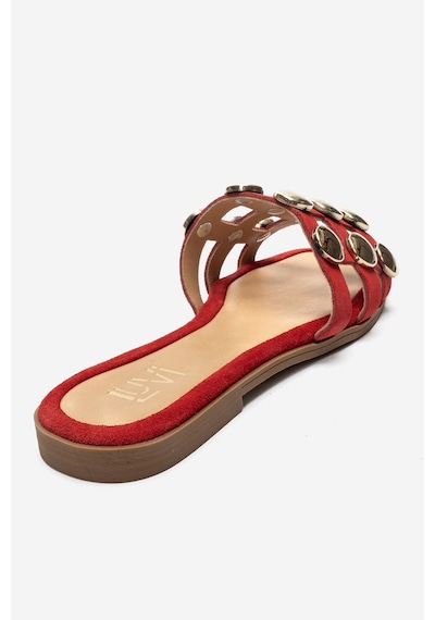 Luvi Shoes Bareon Kırmızı Süet Hakiki Deri Bantlı Altın Tokalı Kadın Terlik