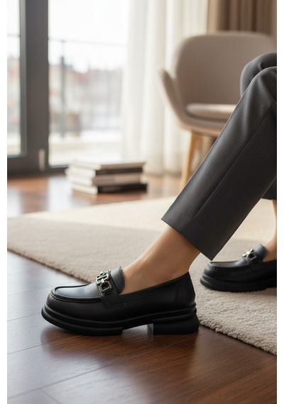 Noch Kadın Gümüş Zincir Köprü Aksesuarlı Comfort Tabanlı Maskülen Loafer Siyah