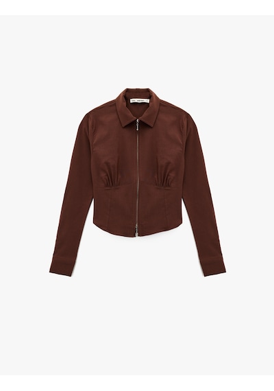 Koton Uzun Kollu Crop Korse Detaylı Fermuarlı Gömlek Kahverengi 6wal60053ıw Kahve