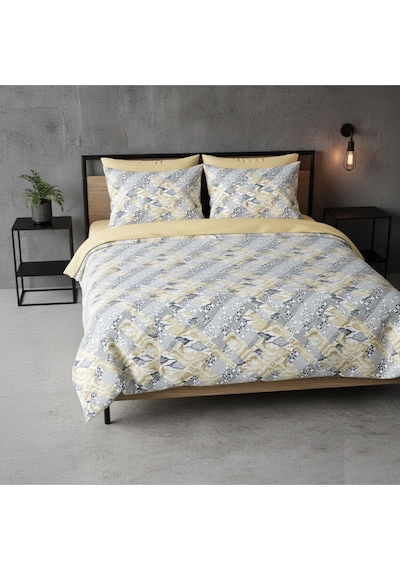 Mystory Home Lastikli Çarşaflı Çift Kişilik Nevresim Takımı Kırkyama Sarı Sarı - Füme