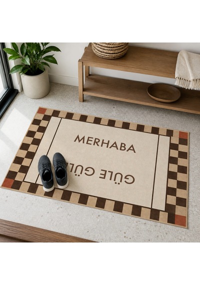 Kartela Halı Merhaba Güle Güle Damalı Kapı Paspası Bej Kaymaz Kauçuk Taban Yıkanabilir 60x90 Cm