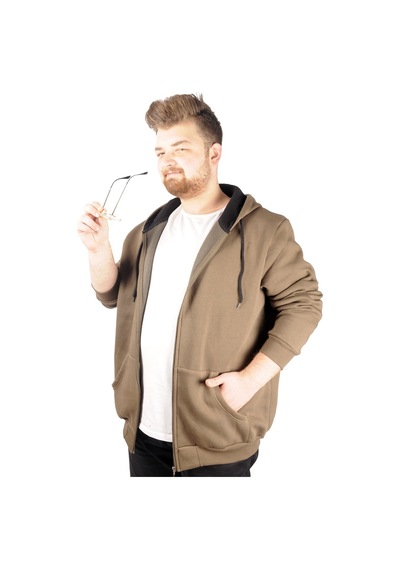 Mode Xl Erkek Sweatshirt Kapşonlu Zippered Basic 20543 Haki 001