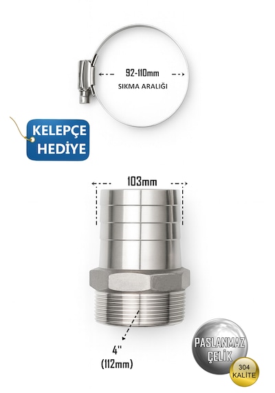 Paslanmaz Hortum Rekoru - 4inç Rekor + Kelepçe Set - Krom Çelik Hortum Ucu - 304 Kalite 4''