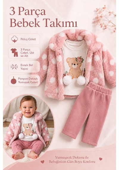 Ahengim Minik Ayıcık Baskılı Puanlı Yumuşak Dokulu Peluş Montlu 3 Lü Kız Bebek Set Takım Ak8534 Gül Kurusu Ahengim Minik Ayıcık Baskılı Puanlı Yumuşak Dokulu Peluş Montlu 3 Lü Kız Bebek Set Takım Ak8534 Gül Kurusu