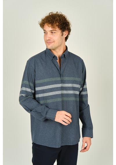 Megaldi Erkek Slim Fit İnce Blok Desenli Pamuklu Uzun Kol Gömlek 1100 İndigo Yeşil İndigo Yeşil İndigo