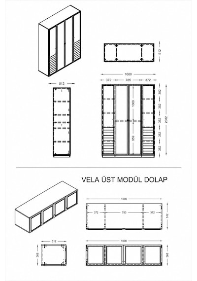 Gardırop, Vela 4 Kapaklı Aynalı Dolap + Yüklük Diğer
