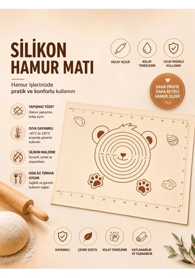 Pionny Büyük Boy Silikon Hamur Matı 35x55cm - Krem Çok Renkli