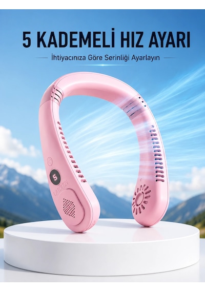 Pembe Taşınabilir Boyun Fanı Ergonomik Tasarım Çok Kademeli Hava Akışı