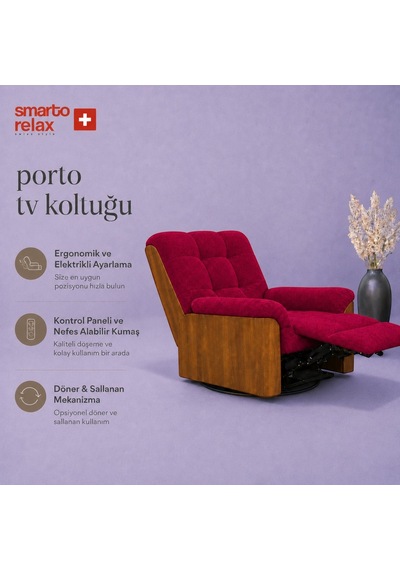 Smarto Relax Porto Tv Koltuğu Ahşap Yan Panelli Döner Ve Elektrikli Döner Sallanan Kontrollü Nefes Alabilir Kumaş Baba Koltuğu Bordo