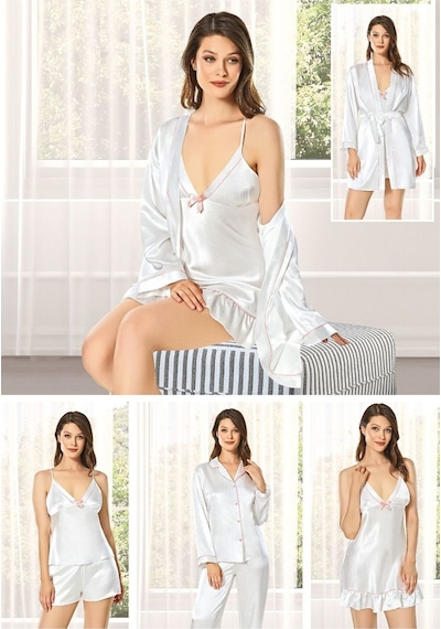 Alissa Kadın Ekru Saten Çeyiz Seti 6 Parça Dantelli Sabahlık Gecelik Pijama Şortlu Takım Ekru Alissa Kadın Ekru Saten Çeyiz Seti 6 Parça Dantelli Sabahlık Gecelik Pijama Şortlu Takım Ekru